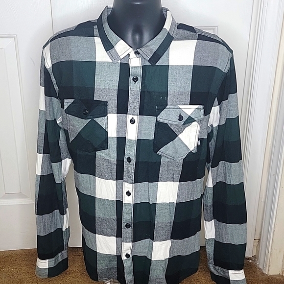 Vans Other - Vans Slim Fit Boxed Flannel Button Front Shirt Green,  Gray, and White Size XL